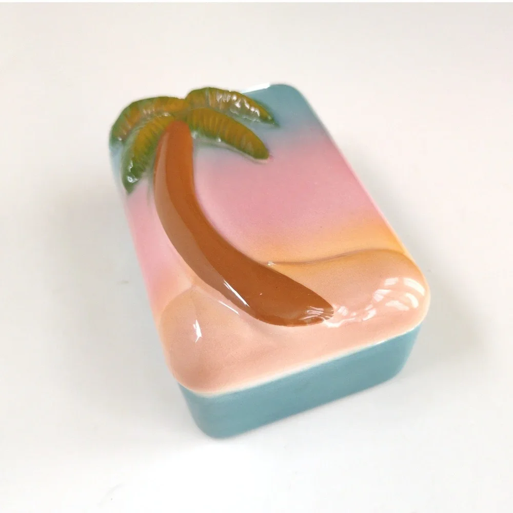 Vtg 80s Tropical Palm Tree Trinket Box Jewelry Lidded Ceramic Sunset Beach Small